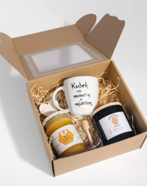 Zestaw prezentowy 1 miód 400/410g + świeca + kubek z dowolnym napisem